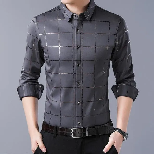 West Louis Brand Luxury Plaid Long Sleeve Slim Fit Dress Shirt