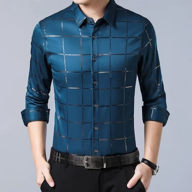 West Louis Brand Luxury Plaid Long Sleeve Slim Fit Dress Shirt