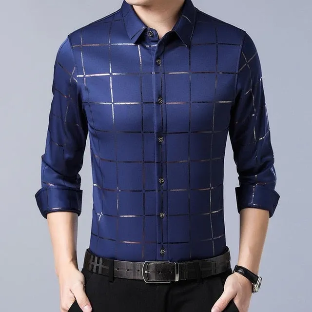 West Louis Brand Luxury Plaid Long Sleeve Slim Fit Dress Shirt