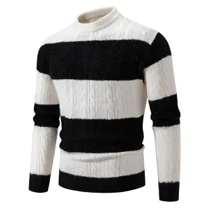 Wiaofellas  -  New Patchwork Mock Neck Knitting Sweater Men Fashion Striped Casual Knitted Pullovers Mens Autumn Winter Comfortable Knitwear