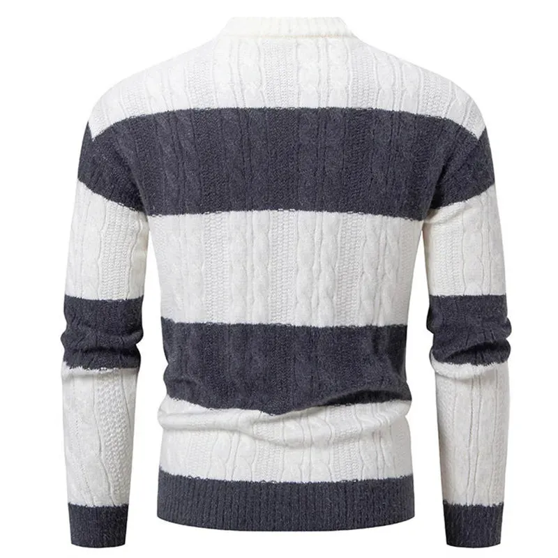 Wiaofellas  -  New Patchwork Mock Neck Knitting Sweater Men Fashion Striped Casual Knitted Pullovers Mens Autumn Winter Comfortable Knitwear
