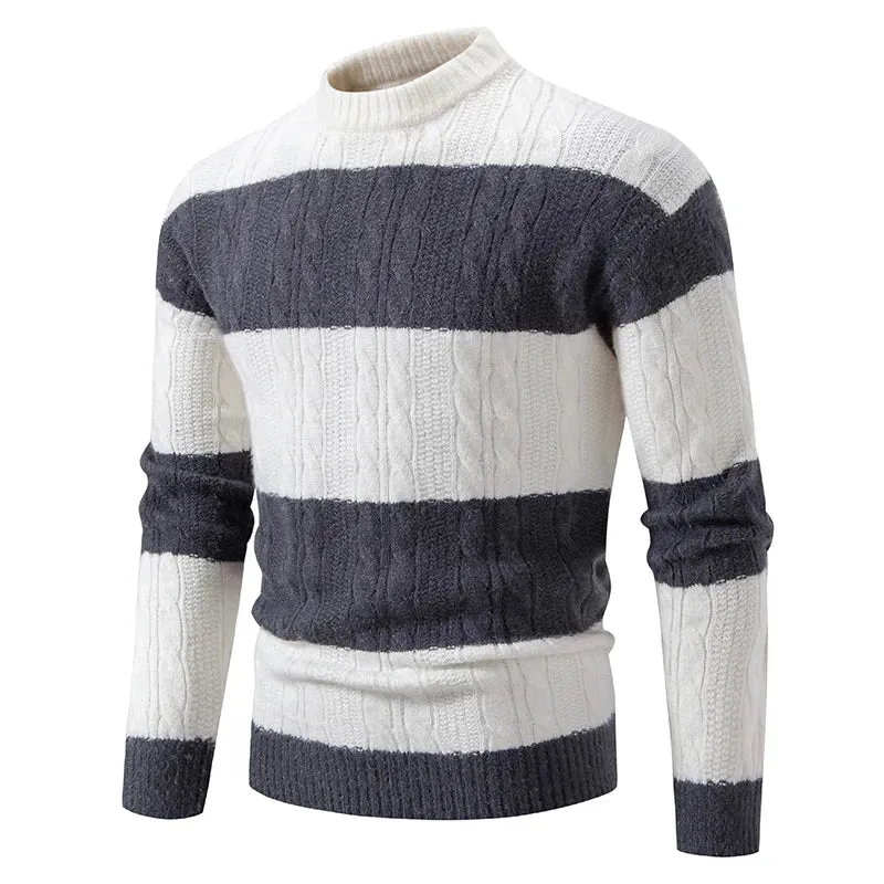 Wiaofellas  -  New Patchwork Mock Neck Knitting Sweater Men Fashion Striped Casual Knitted Pullovers Mens Autumn Winter Comfortable Knitwear