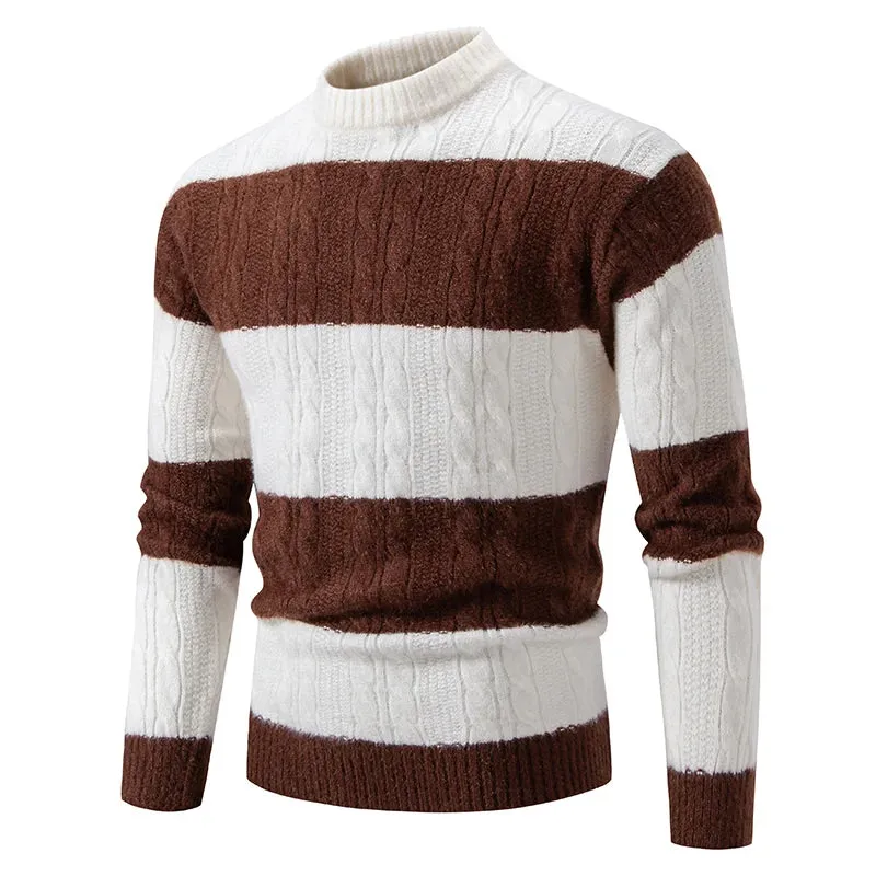 Wiaofellas  -  New Patchwork Mock Neck Knitting Sweater Men Fashion Striped Casual Knitted Pullovers Mens Autumn Winter Comfortable Knitwear