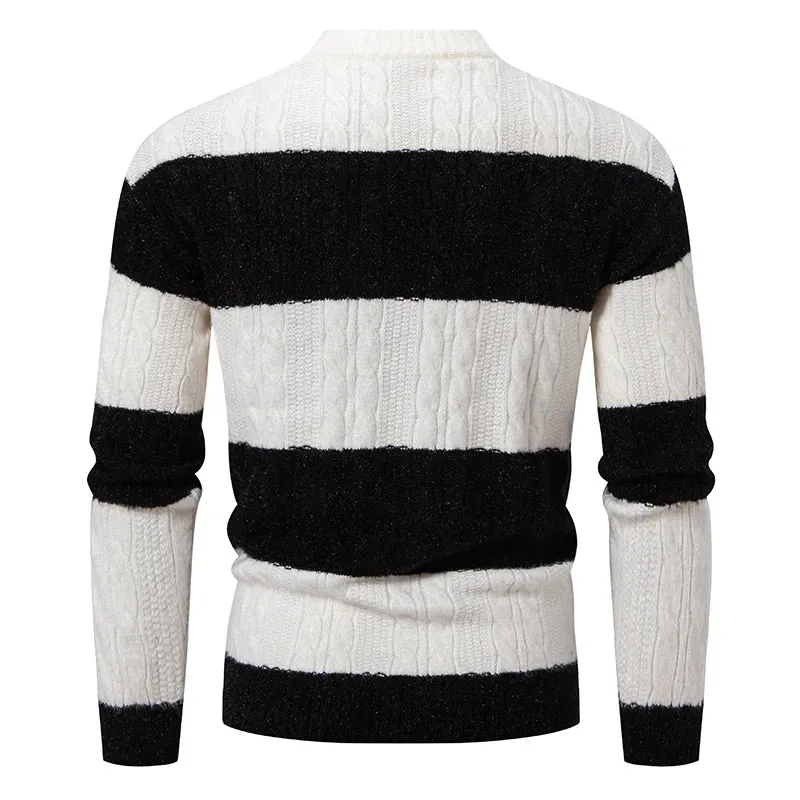 Wiaofellas  -  New Patchwork Mock Neck Knitting Sweater Men Fashion Striped Casual Knitted Pullovers Mens Autumn Winter Comfortable Knitwear