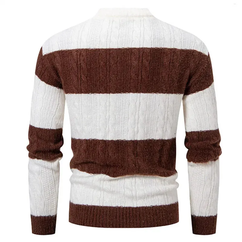 Wiaofellas  -  New Patchwork Mock Neck Knitting Sweater Men Fashion Striped Casual Knitted Pullovers Mens Autumn Winter Comfortable Knitwear