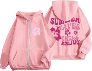 Womens Oversized Hoodies Long Sleeve Graphic Preppy Sweatshirt Teen Girls Casual Loose Zip Up Jacket Fall Tops